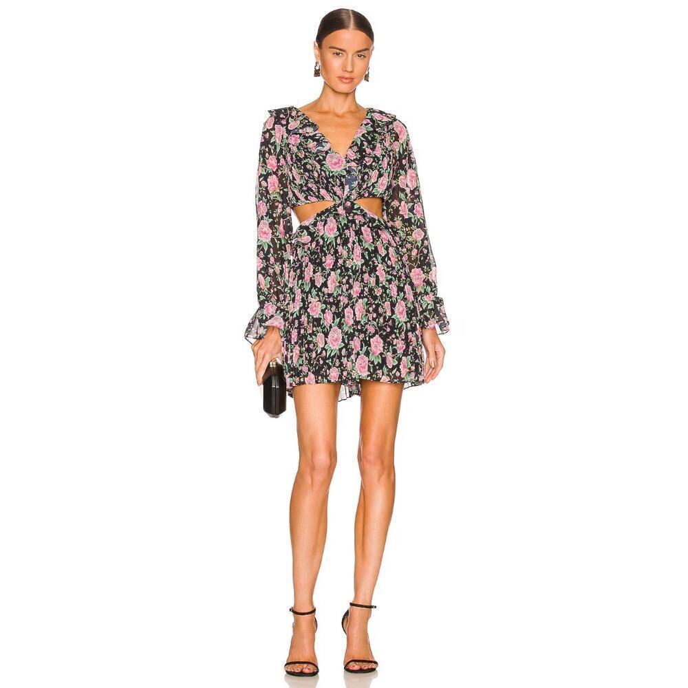 NWT Amur X REVOLVE Sleeveless V Neck Pleat Romper Floral Cut Out Resortwear Sz 0